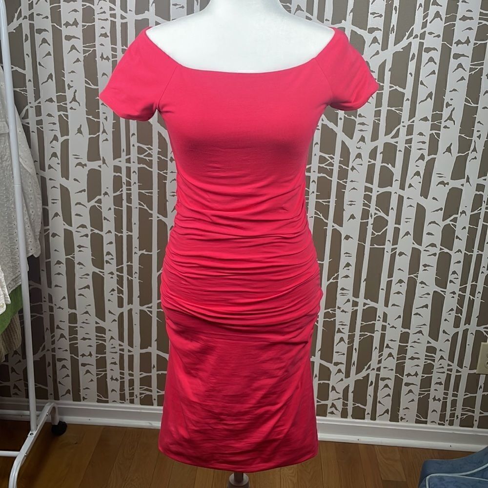 Boden coral red ruched side dress